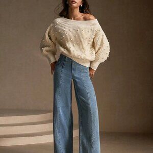 Apricot Casual Women's Handmade Beaded Asymmetrical Neck Sweater